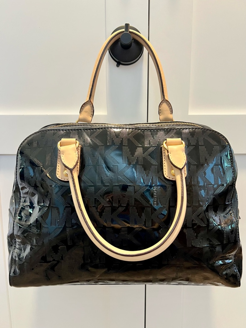 Michael Kors Patent Leather MK Monogram Dome Satchel with Cream Handles - Picture 4 of 12